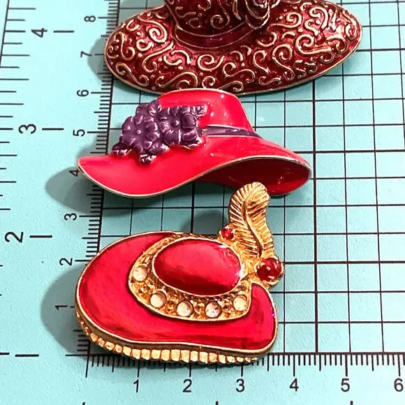 VTG Red Hat Society Jewelry Lot Liz Claiborne Enamel Hat Brooch 3 Sets Earrings - Picture 2 of 9